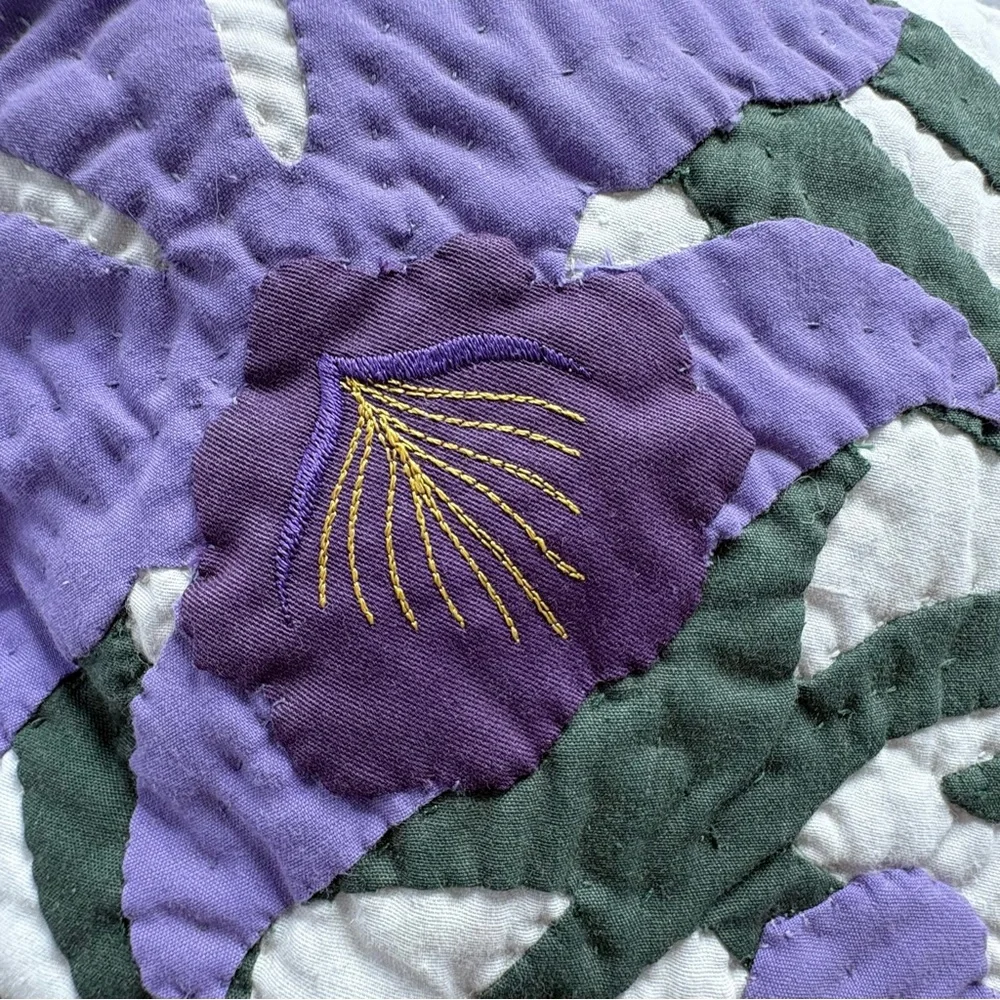 Hand Quilted Exquisite Hawaiian Orchid Pattern Purple Green Pillow